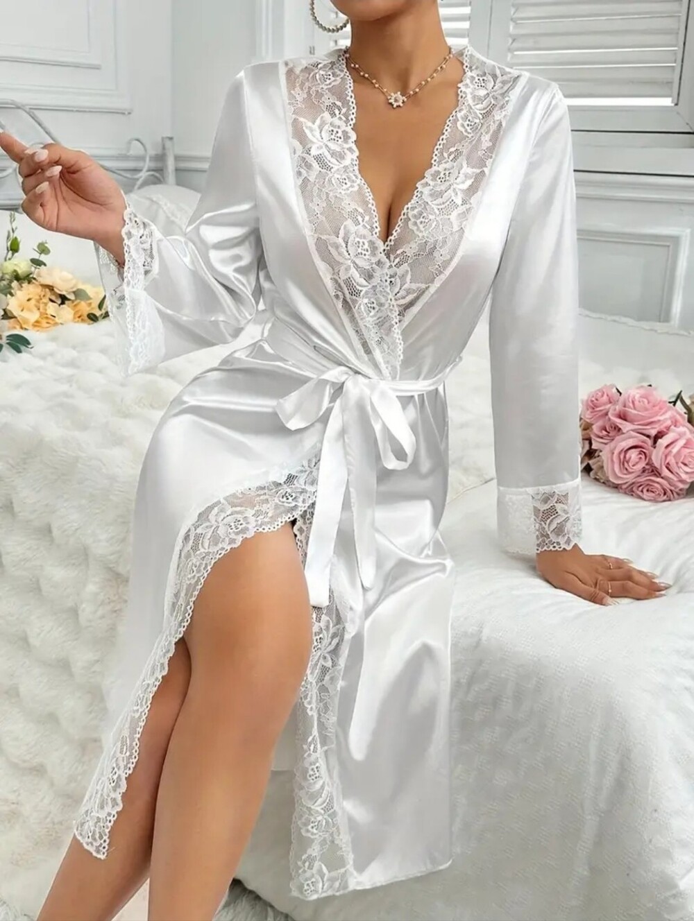 Women Elegant White Satin Robe